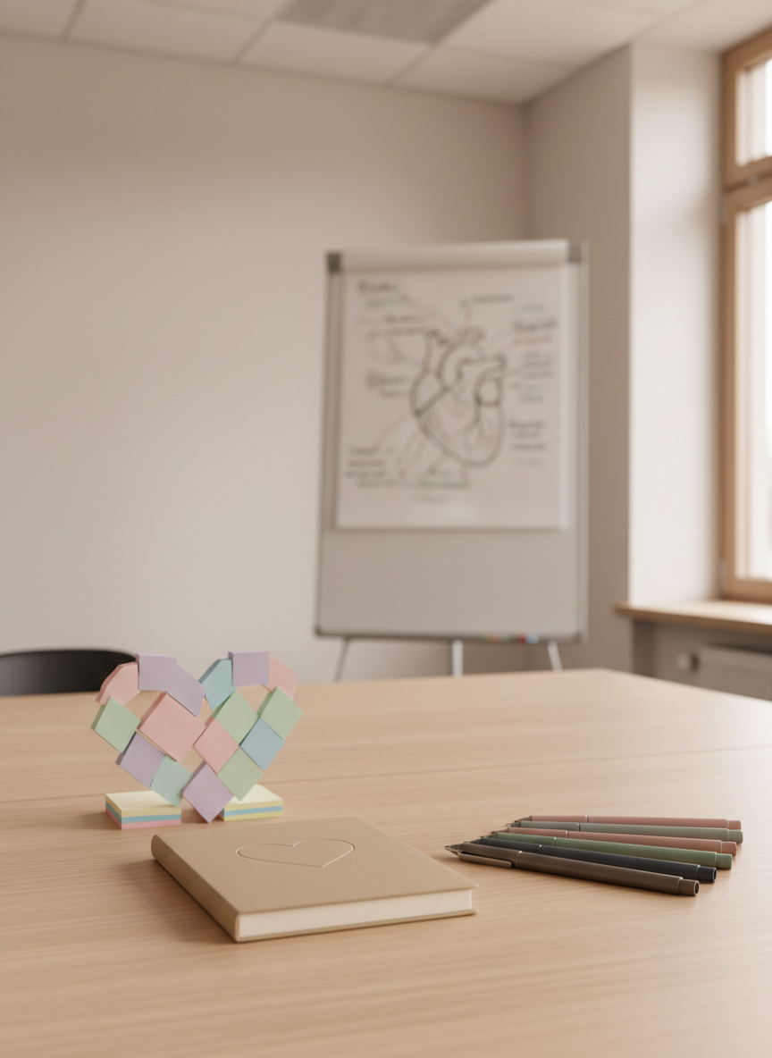 A tidy worktable in a training room for professionals, with smooth birch wood surface, neatly arranged pastel sticky notes forming a gentle heart-shaped cluster in the center, and a closed, matte-sand-colored notebook with a discreet embossed heart icon. Beside it lies a set of fine-tip pens in muted, soothing hues. In the background, a large whiteboard displays an out-of-focus diagram of a brain and heart interconnected. Soft overhead lighting is balanced by indirect daylight from a side window, creating even, flattering illumination with subtle reflections on the pen clips. Captured from a slightly elevated angle using photographic realism, the composition follows the rule of thirds, emphasizing structure and clarity while maintaining a calm, professional, and emotionally safe atmosphere.