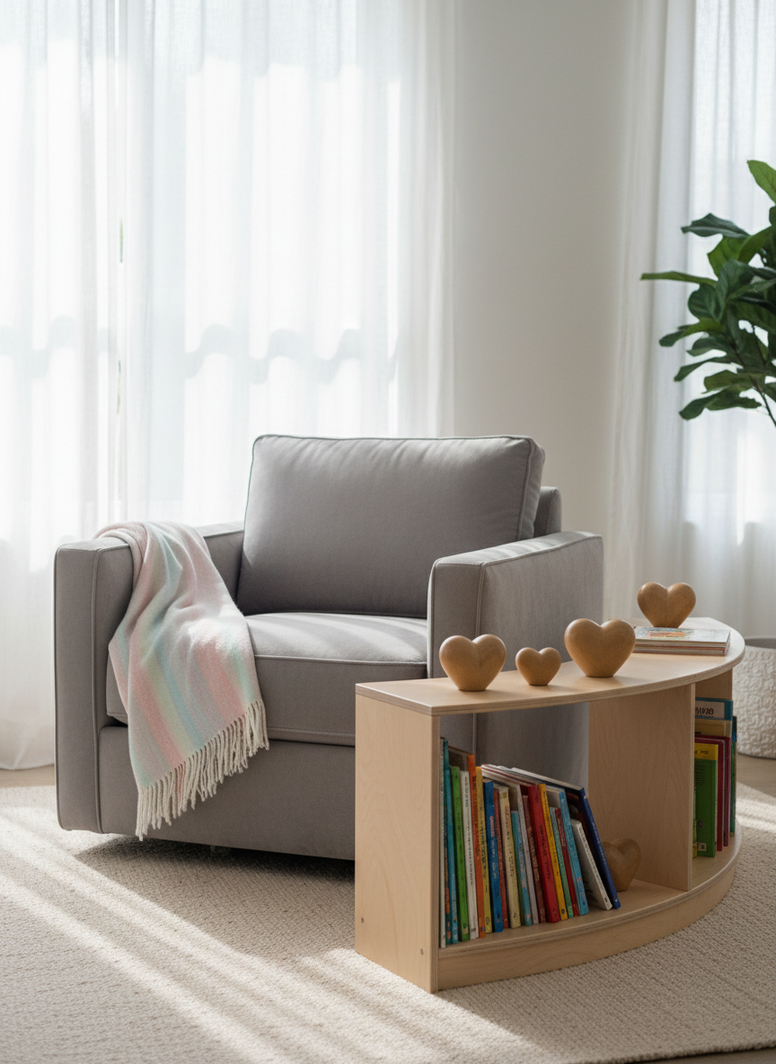 A small reading nook designed for emotional safety, featuring an oversized, dove-gray armchair with soft, textured fabric and a neatly folded pastel blanket draped over one arm. A low, light-wood bookshelf curves gently around the chair, filled with colorful, carefully arranged children’s books and a few wooden heart-shaped bookends. Natural morning light filters through sheer white curtains, casting diffused, calming brightness across the space and soft shadows under the furniture. Photographed at eye level with a shallow depth of field, the chair and nearest books are in crisp focus while the background softens into a gentle blur. The overall mood is warm, protective, and quietly supportive, rendered in clean, photographic realism with a modern, minimalist aesthetic that reflects understanding and emotional intelligence.