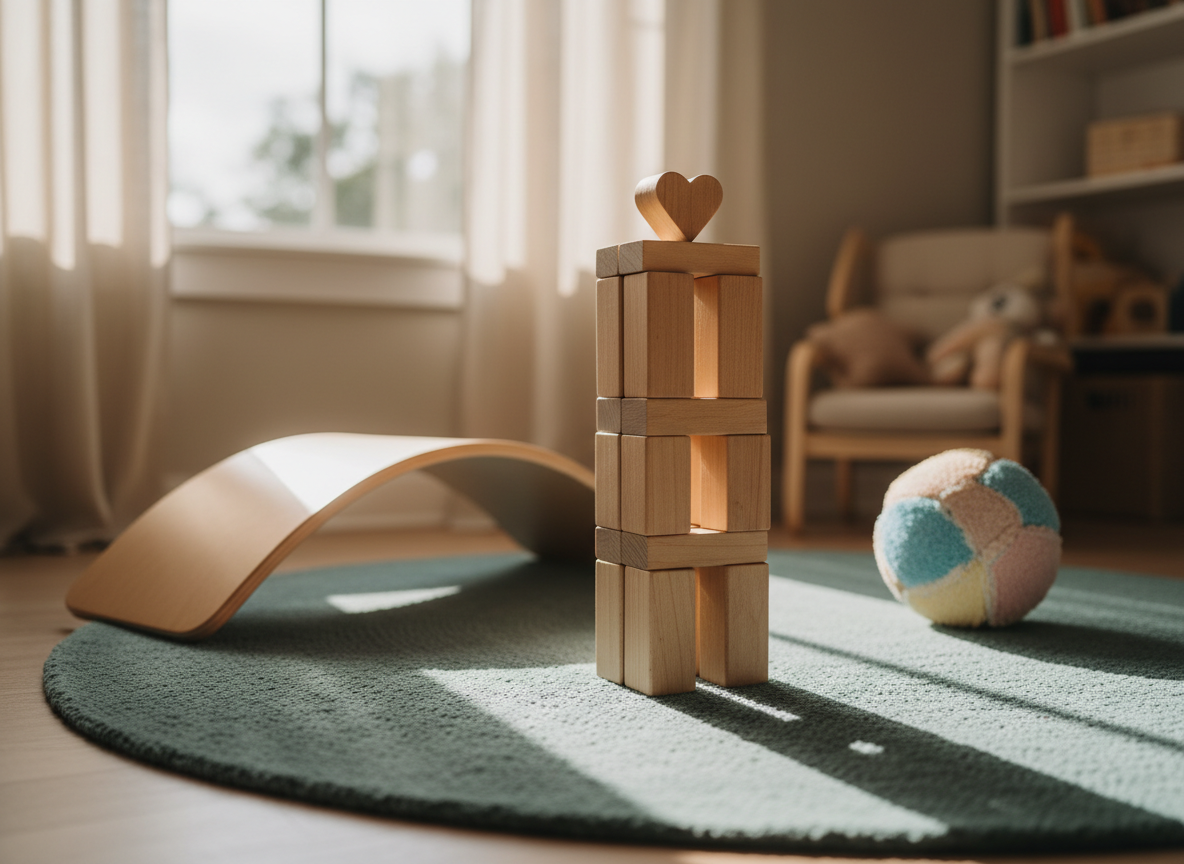 A serene children’s play corner emphasizing inner strength, centered on a sturdy, pale-wood building block tower subtly shaped like a heart at the top. Around it, a soft, round rug in muted teal provides a safe foundation, with a few thoughtfully designed, tactile toys—such as a smooth wooden balancing board and a fabric sensory ball—in harmonious pastel tones. Gentle late-afternoon light streams sideways through a large window, filtered by light beige curtains, casting long, comforting shadows and warm highlights on the wooden textures. The camera is positioned low, at block-level, creating a child’s-eye perspective with a shallow depth of field that keeps the tower sharp while the rest of the room fades into a soothing blur. The atmosphere is nurturing, grounded, and quietly empowering, in realistic photographic style.