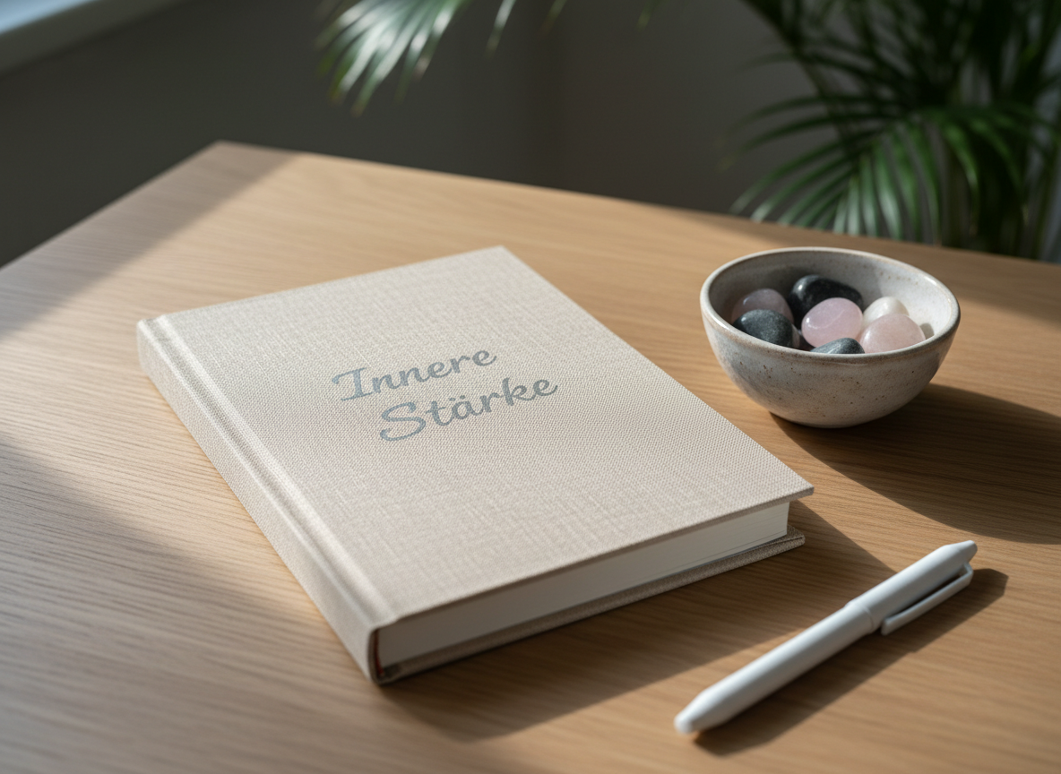 A close-up of a soft, linen-covered journal titled "Innere Stärke" embossed in subtle silver on a warm, sand-colored cover, resting on a smooth oak desk. A delicate ceramic bowl holds polished worry stones in earthy shades of rose, gray, and white beside the journal, while a simple, matte-white pen lies diagonally across the bottom edge. Cool, diffused daylight from a nearby window gently illuminates the scene, highlighting the textures of linen and stone and casting faint, calm shadows. Shot from a three-quarter top-down angle in sharp photographic realism, the background blurs into a hint of a neutral wall and a leafy plant out of focus, conveying reflection, self-awareness, and emotional resilience in a clean, professional, and contemplative mood.